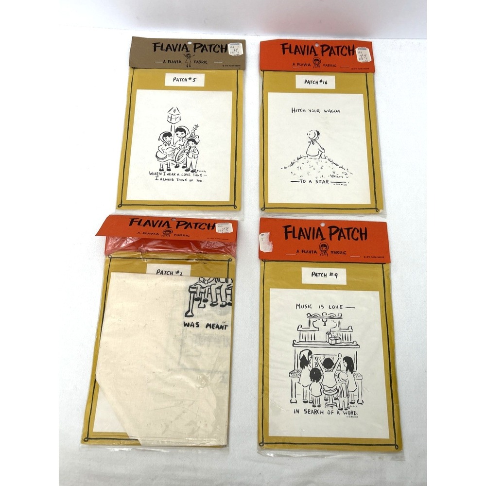 Flavia Patches Set of 4 #2, 5, 9, 16 Vintage 1971 Black & White Graphics Muslin